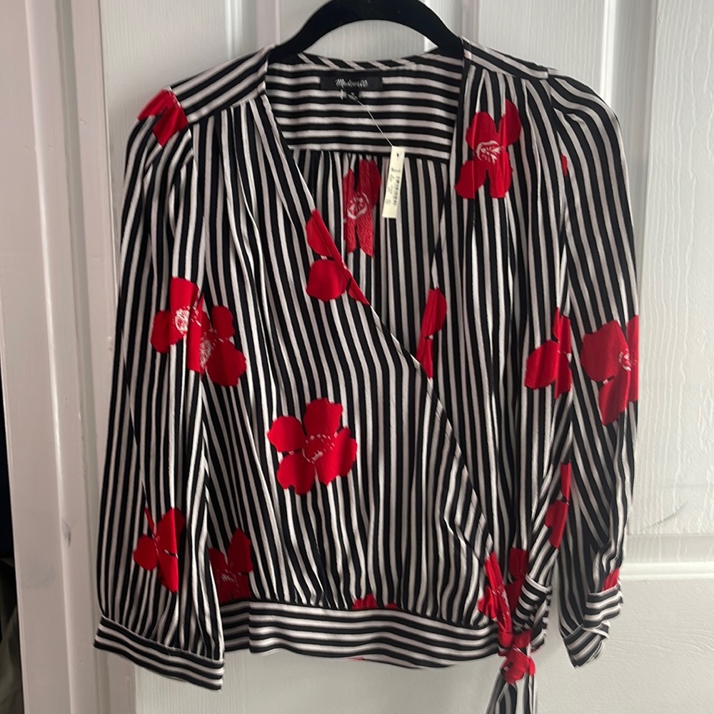 Madewell black, white with red flowers blouse size medium. Brand new with tags.